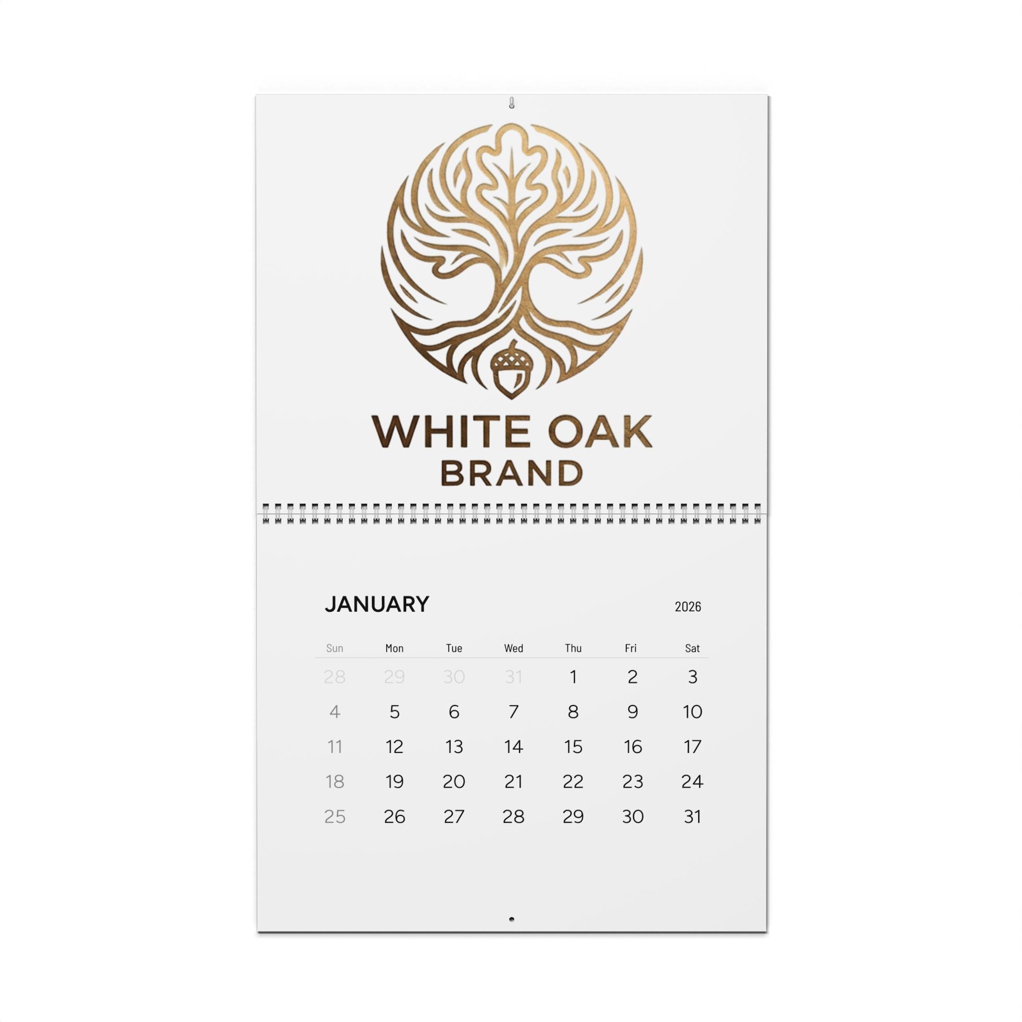 2026 White Oak Brand Wall Calendar — Minimalist Monthly Planner